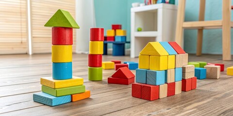Aufkleber - A room with a large stack of wooden blocks and a small tower of blocks