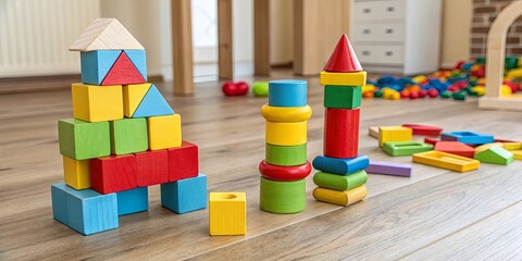 Poster - A pile of colorful wooden blocks on a wooden floor