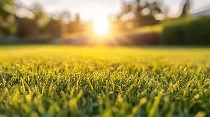 Golden sunlight bathes a well-maintained backyard lawn in a suburban area, creating a warm and inviting atmosphere