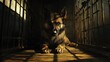 © ProPhotos - A stray dog is sitting in a cage, sadly looking at the camera. The dim light casts shadows on the concrete floor.