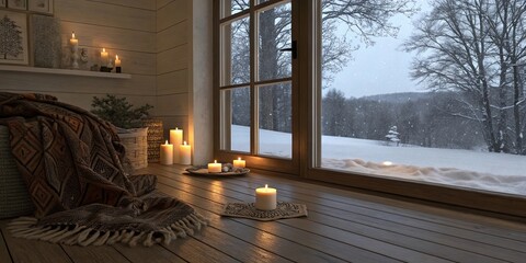 Aufkleber - A cozy living room with a window overlooking a snowy field