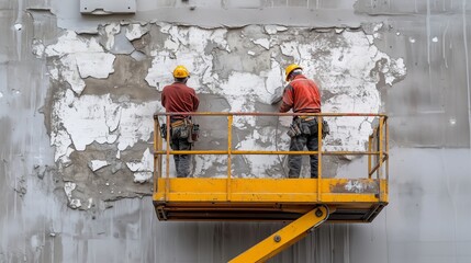 Two construction workers plastering a high wall using a scissor lift platform