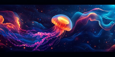 Aufkleber - A vibrant digital illustration of a jellyfish in a cosmic, colorful underwater scene.