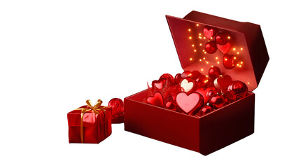 Wall Mural - Valentine's day design. Realistic red gifts boxes. Open gift box full of decorative festive object. Holiday banner, web poster, flyer, stylish brochure, greeting card, cover. Romantic background