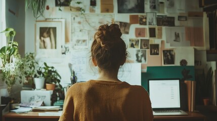 Poster - Cozy Workspace: A Woman Working on Laptop in a Room Filled with Plants and Inspiration Boards
