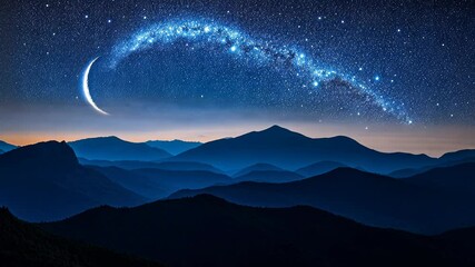 Wall Mural - Majestic starry night with crescent moon over