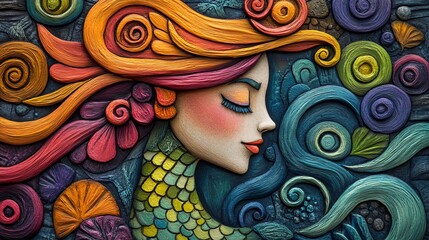 Poster - A colorful, stylized depiction of a mermaid with flowing hair and vibrant floral elements.