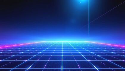 Poster - Cyberpunk Grid Neon Lines Digital Horizon Futuristic Landscape. A perspective view of a vast, illuminated plane.