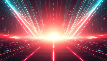 Poster - Abstract digital art depicts a futuristic highway scene with vibrant red and blue neon lights glowing lines and a bright horizon. Technological elements and a cityscape are suggested.