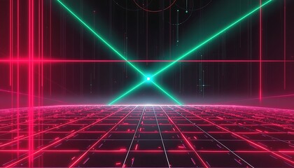 Poster - A digital landscape with intersecting neon green and pink laser lines forming a grid. Retrofuturistic style with glowing elements and a dark background.