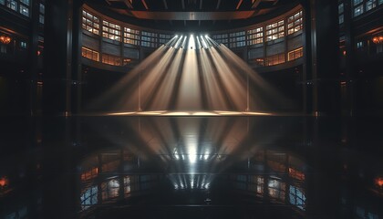 Poster - Sunbeams Illuminate Grand Hall Interior Architectural Design Space. The architectural design is grand and modern.