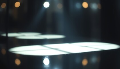 Poster - Dark Room Spotlights Stage Lighting Shadow Window Reflection. Blurry image of a dark room with spotlights casting bright elliptical shadows on a reflective surface. 