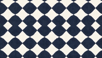 Poster - Navy Blue and White Diamond Ikat Fabric Textile Pattern Design on a white background. The ikat weaving style creates a textured slightly blurred effect. Perfect for upholstery or fashion.