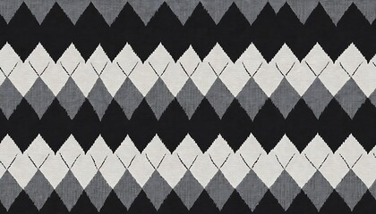 Poster - A seamless textile pattern featuring an ikat design. The pattern consists of repeating diamond shapes in shades of black white and gray arranged in horizontal rows.