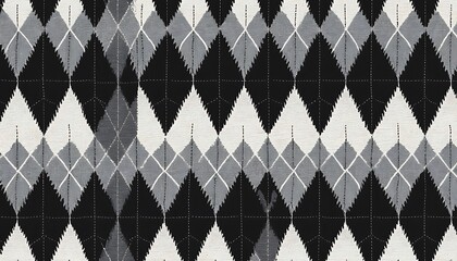 Poster - Closeup of a textured argyle pattern fabric in black white and gray. The diamond shapes are prominent, showing a woven or knitted texture.