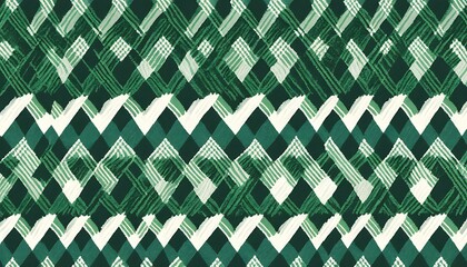 Poster - Seamless textile pattern featuring intersecting diamond and chevron shapes in shades of green and offwhite. The design has a textured handdrawn quality.