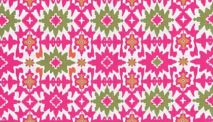 Poster - A vibrant textile pattern features repeating geometric ikats in shades of hot pink/olive green and mustard gold on a white background. The design is symmetrical and intricate.