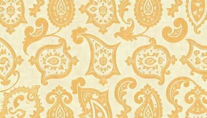 Poster - Elegant Gold Paisley Damask Fabric Texture Design Pattern on a beige linenlike background. The design is ornate and repeating suitable for textiles or wallpaper.
