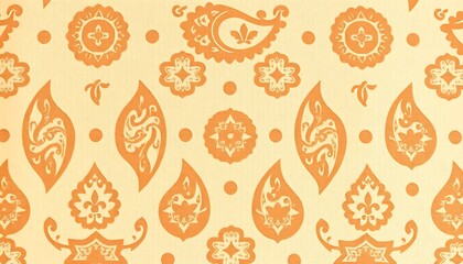 Poster - Orange Paisley Floral Pattern Textile Fabric Design Texture and geometric designs on a pale yellow background. Intricate details and a textured effect.
