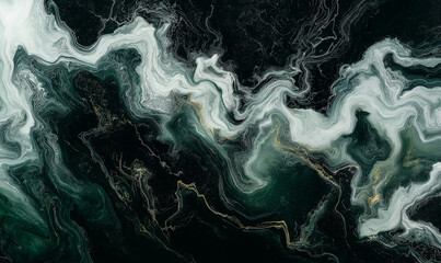 Wall Mural - Abstract background with soft lines and shapes in shades of dark green, white, and grey on a black background.