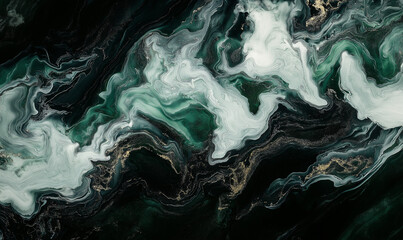 Wall Mural - Abstract background with soft lines and shapes in shades of dark green, white, and grey on a black background.