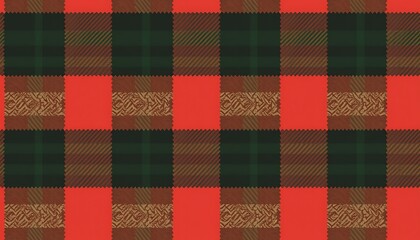 Poster -  A repeating pattern of red green and brown plaid squares. The pattern shows a variation in texture with some squares having a more detailed design. The overall style is reminiscent of classic woven
