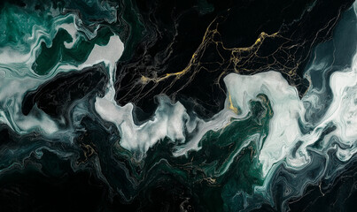 Wall Mural - Abstract background with soft lines and shapes in shades of dark green, white, and grey on a black background.