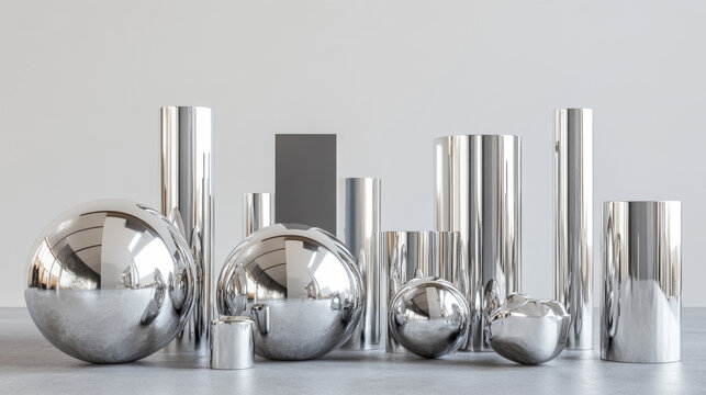 3d rendering of geometric shaped chrome pattern over gray background