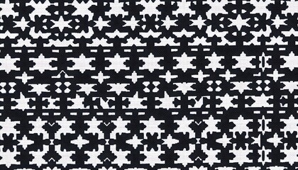 Poster - Black and White Geometric Textile Star Pattern Design. Its composed of black and white stars and other shapes creating a visually textured effect.