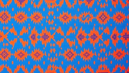 Poster - Vibrant Blue Orange Ikat Textile Pattern Design Print Fabric. The design is reminiscent of Ikat style with stylized shapes and symmetrical elements.