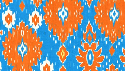 Poster - A seamless textile pattern featuring an ikat design. Bold orange and blue colors create a repeating geometric floral motif on a textured background. The design is symmetrical and visually striking.