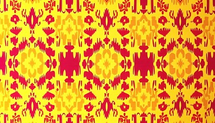 Poster - Vibrant Yellow and Red Ikat Textile Design Pattern Background. The intricate detail and symmetry are striking.