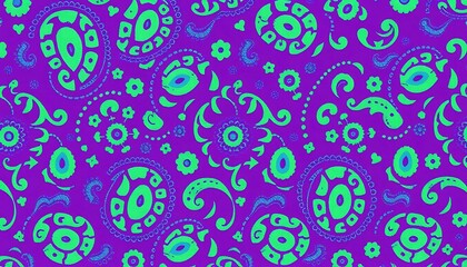 Poster -  A seamless Vibrant Purple Green Paisley Floral Textile Pattern Design and decorative swirls. The design is detailed and repetitive.