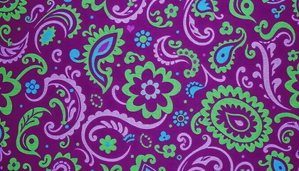Poster - Vibrant Purple Green Paisley Floral Textile Fabric Design Print. Intricate floral designs and swirls create a rich textured effect.