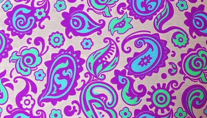 Poster - Vibrant Purple and Teal Paisley Fabric Textile Design Pattern on a beige background. Intricate floral elements are interwoven throughout the design.