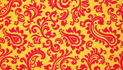 Poster - Red Floral Damask Pattern on Yellow Fabric Background Texture. The vibrant colors and detailed design are striking.