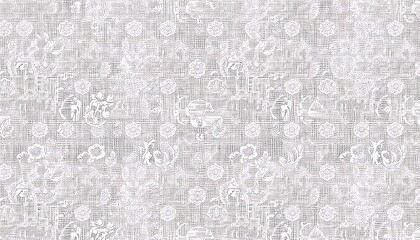 Poster - Intricate White Textile Pattern Repeating Floral Geometric Designs in white on a textured grey background. The style is intricate and possibly traditional.