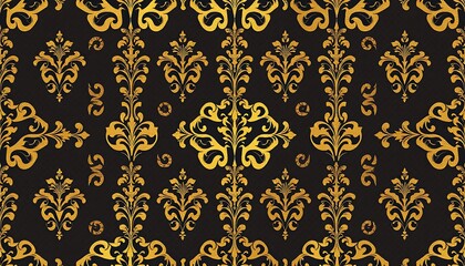 Poster - A seamless damask pattern featuring ornate gold floral designs on a dark background. The texture is rich suggesting a luxurious vintage aesthetic.