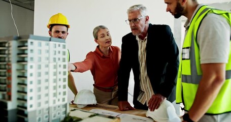 Poster - People, building model and meeting with architecture, collaboration and planning for builder job. Blueprint, management and teamwork with safety discussion and contractor design with renovation