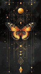 Poster - A stylized butterfly surrounded by geometric shapes and celestial elements on a dark background.