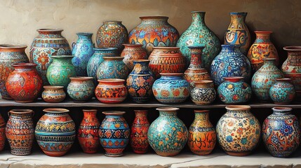 Poster - A collection of intricately designed pottery displayed on a shelf.