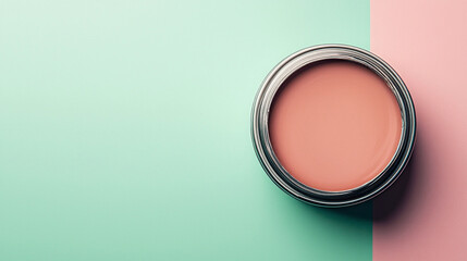 Aufkleber - A stylish tin of mocha mousse color rests on a fresh mint and pastel pink backdrop, perfect for artistic designs and home decor ideas