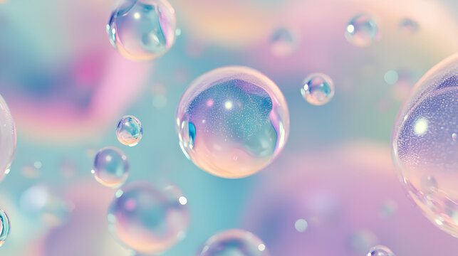 Bubble background with colorful spheres and transparent shiny effects in blue, pink, and purple tones