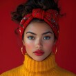 © Teerasak - Stylish young woman with confident posture, wearing Christmas accessories, isolated on vibrant red background, festive lighting, holiday season, 16:9 framing