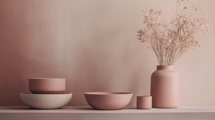 Aufkleber - Delicate dried flowers stand tall in a simple vase alongside minimalist pottery pieces in warm hues, creating a serene atmosphere