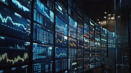 Poster - Curved Wall of Financial Data Monitors