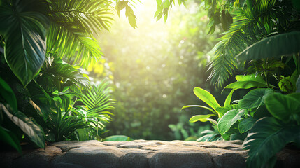 Aufkleber - A stone for product design space with Tropical jungle landscape with lush trees, palm plants, and vibrant greenery under a clear sky