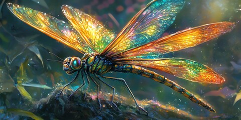 Poster - A vibrant, fantastical dragonfly with iridescent wings resting on a mossy surface.