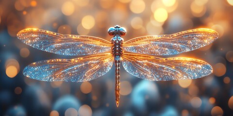 Poster - A shimmering dragonfly with sparkling wings against a blurred, colorful background.
