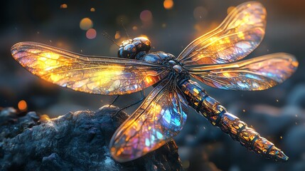 Aufkleber - A luminous dragonfly perched on a textured surface, showcasing vibrant colors and intricate details.